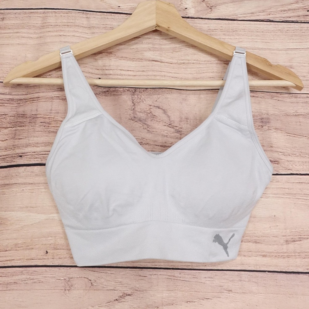 PUMA Sports Bra Womens Small Gray Seamless Wireless Stretch Adjustable Pullover